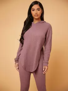 SHEIN SXY Drop Shoulder Split Asymmetrical Hem Hoodie & Leggings - Dusty Pink - View 3