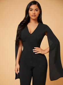 SHEIN SXY Deep V Neck Split Sleeve Jumpsuit - Black - View 4