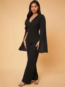 SHEIN SXY Deep V Neck Split Sleeve Jumpsuit - Black - View 5