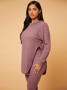 SHEIN SXY Drop Shoulder Split Asymmetrical Hem Hoodie & Leggings - Dusty Pink - View 5
