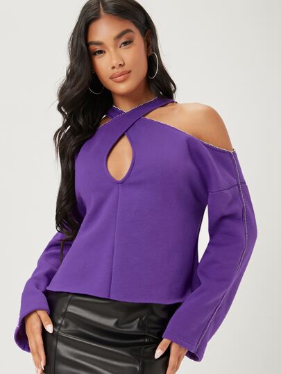 SHEIN BAE Top à strass croisé à épaules dénudées