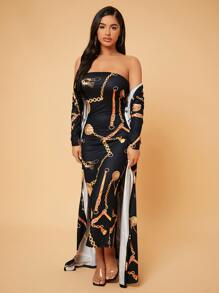 SHEIN SXY 錬條圖案開門襟外套和緊身連衣裙 - 彩色 - 查看 5