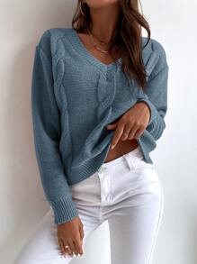 SHEIN LUNE Solid Cable Knit Sweater - Blue - View 1