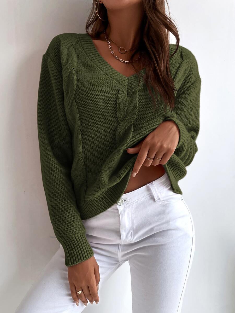SHEIN LUNE Solid Cable Knit Sweater - Army Green - View 1