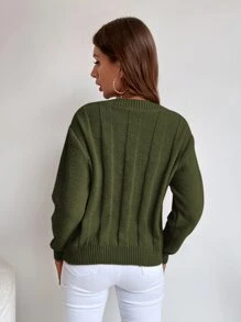 SHEIN LUNE Solid Cable Knit Sweater - Army Green - View 2