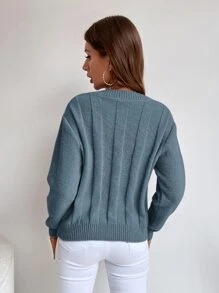 SHEIN LUNE Solid Cable Knit Sweater - Blue - View 2