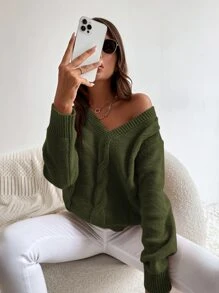 SHEIN LUNE Solid Cable Knit Sweater - Army Green - View 3