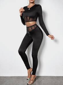 Mesh Panel Crop Top & Leggings - Black - View 1