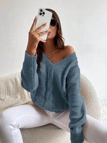 SHEIN LUNE Solid Cable Knit Sweater - Blue - View 3