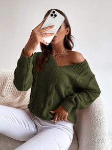 SHEIN LUNE Solid Cable Knit Sweater - Army Green - View 4