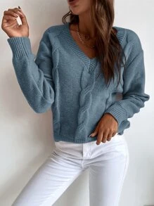 SHEIN LUNE Solid Cable Knit Sweater - Blue - View 4