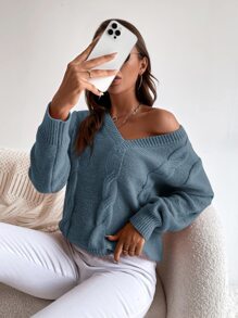 SHEIN LUNE Solid Cable Knit Sweater - Blue - View 5