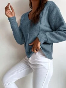 SHEIN LUNE Solid Cable Knit Sweater - Blue - View 6