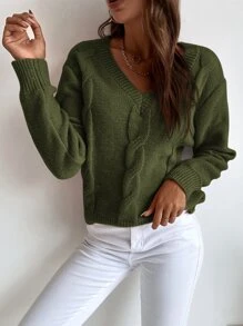 SHEIN LUNE Solid Cable Knit Sweater - Army Green - View 5