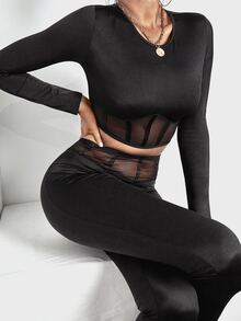 Mesh Panel Crop Top & Leggings - Black - View 4