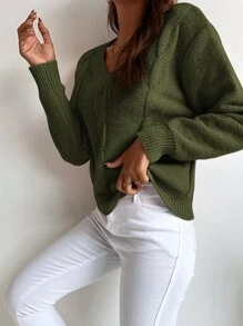 SHEIN LUNE Solid Cable Knit Sweater - Army Green - View 6