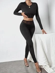 Mesh Panel Crop Top & Leggings - Black - View 5
