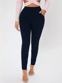 SHEIN PETITE Slant Pocket Skinny Pants - Navy Blue - View 1