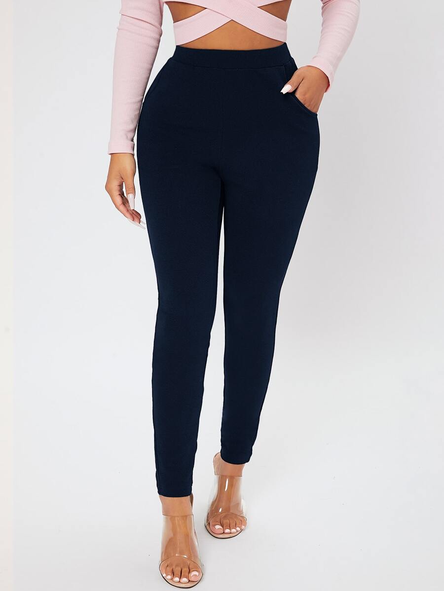 SHEIN PETITE Slant Pocket Skinny Pants - Navy Blue - View 1