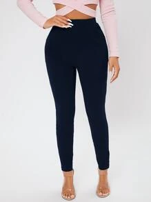 SHEIN PETITE Slant Pocket Skinny Pants - Navy Blue - View 5