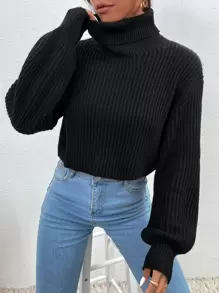 RosyDaze Turtleneck Ribbed Knit Drop Shoulder Jumper - Black - View 1