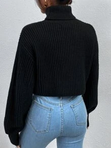 RosyDaze Turtleneck Ribbed Knit Drop Shoulder Jumper - Black - View 2