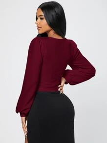 SHEIN PETITE Camiseta De Manga De Linterna Con Cuello Cuadrado Para Mujeres En Primavera Y Conjunto De Ropa - Burdeos - Ver 2