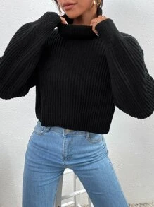 RosyDaze Turtleneck Ribbed Knit Drop Shoulder Jumper - Black - View 4