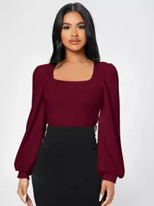 SHEIN PETITE Camiseta De Manga De Linterna Con Cuello Cuadrado Para Mujeres En Primavera Y Conjunto De Ropa - Burdeos - Ver 3
