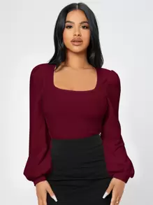 SHEIN PETITE Camiseta De Manga De Linterna Con Cuello Cuadrado Para Mujeres En Primavera Y Conjunto De Ropa - Burdeos - Ver 4