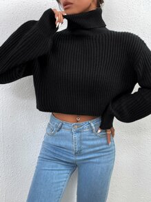 RosyDaze Turtleneck Ribbed Knit Drop Shoulder Jumper - Black - View 6