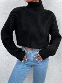 RosyDaze Turtleneck Ribbed Knit Drop Shoulder Jumper - Black - View 7