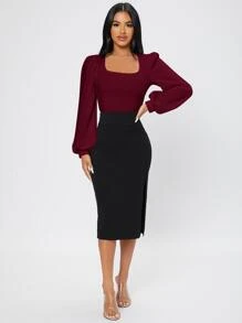 SHEIN PETITE Camiseta De Manga De Linterna Con Cuello Cuadrado Para Mujeres En Primavera Y Conjunto De Ropa - Burdeos - Ver 6