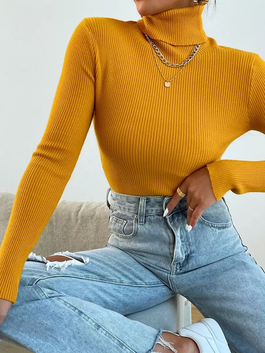 Mulvari Turtleneck Ribbed Knit Sweater Without Necklace,Long Sleeve Tops Knit Pullover Fall Winter Outfit