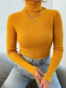 Mulvari Turtleneck Ribbed Knit Sweater Without Necklace,Long Sleeve Tops Knit Pullover Fall Winter Outfit