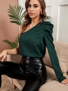 SHEIN Privé 單肩素色襯衫 - 墨綠色 - 查看 3