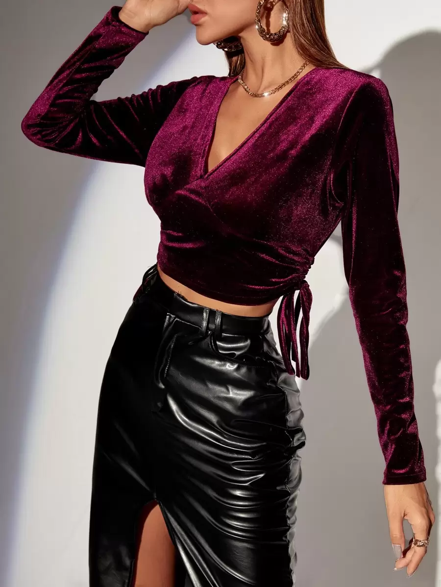 V Neck Tie Side Velvet Top - Burgundy - View 1