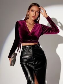 V Neck Tie Side Velvet Top - Burgundy - View 3