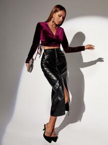 V Neck Tie Side Velvet Top - Burgundy - View 4