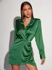 褶邊燈籠袖緞面連衣裙 - 綠色 - 查看 5