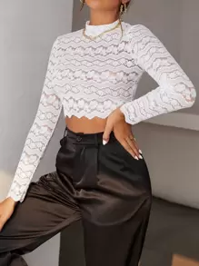 Modelyn Mock Neck Chevron Trim Crop Lace Top - White - View 5