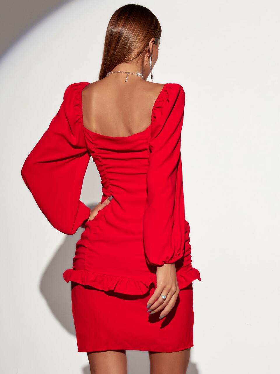 Sweetheart Neck Bishop Sleeve Ruffle Trim Slit Hem Dress Fall Cloth For Women