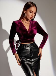 V Neck Tie Side Velvet Top - Burgundy - View 6