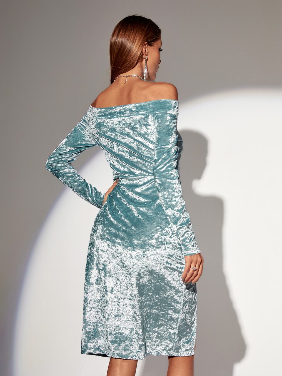 Off Shoulder Ruched Slit Thigh Velvet Dress