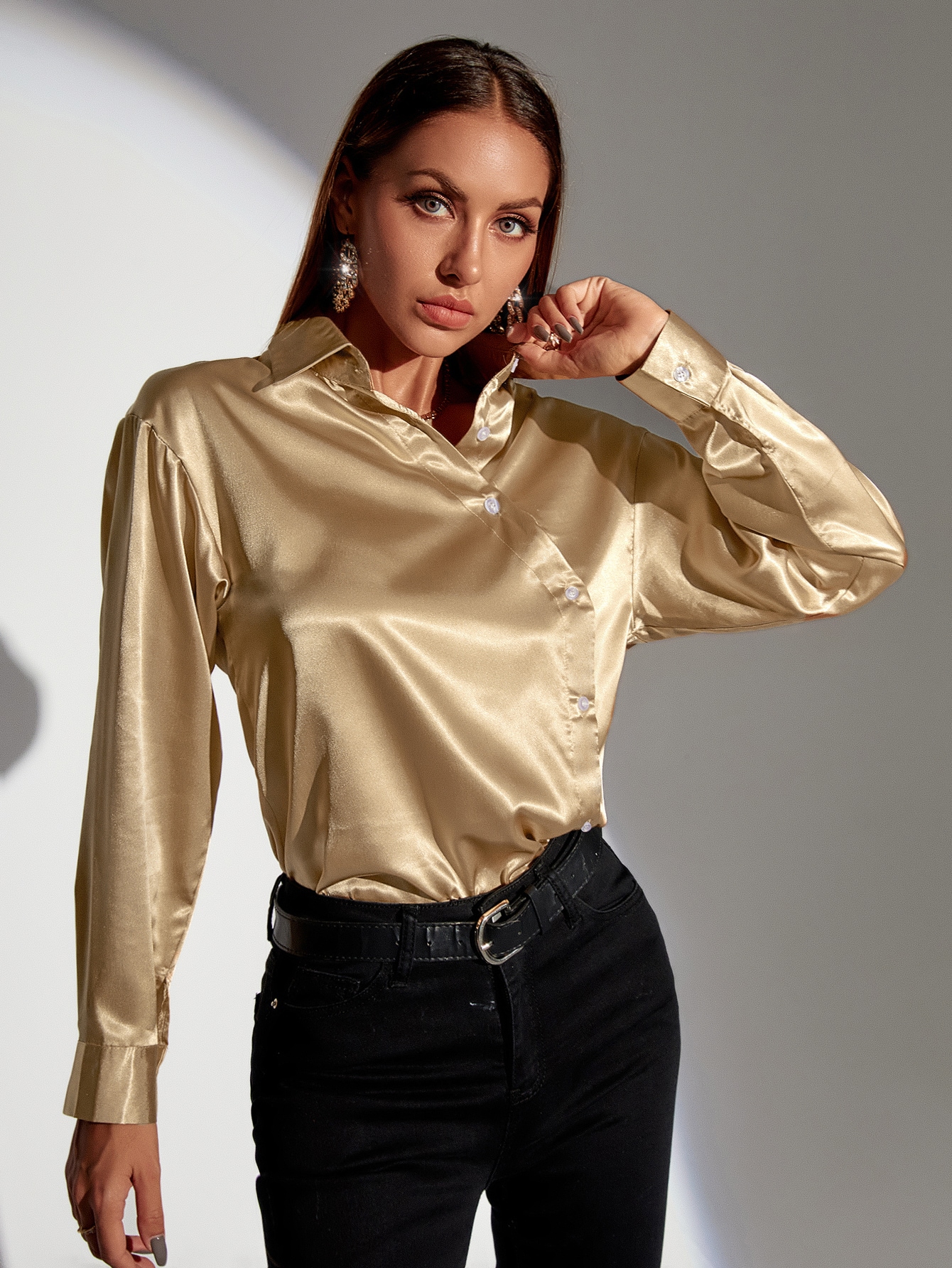 Satin Button Front Solid Blouse | SHEIN EUR