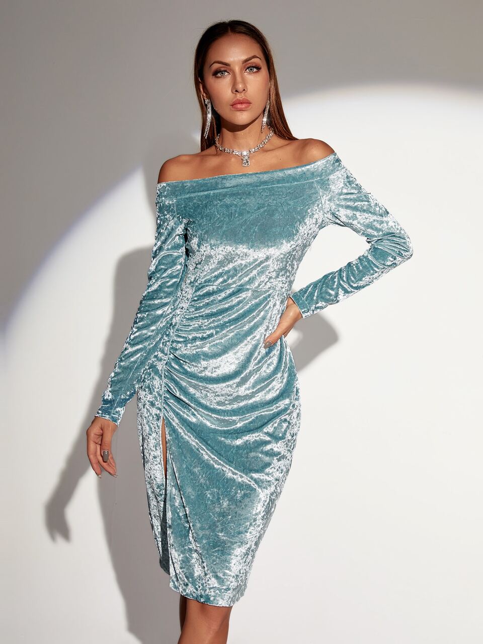 Off Shoulder Ruched Slit Thigh Velvet Dress