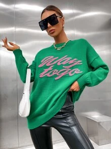 SHEIN EZwear Letter Pattern Drop Shoulder Oversized Sweater