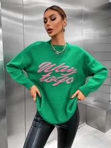 SHEIN EZwear Letter Pattern Drop Shoulder Oversized Sweater