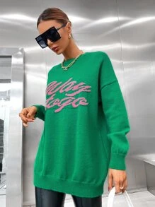 SHEIN EZwear Letter Pattern Drop Shoulder Oversized Sweater