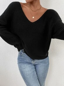 SHEIN Frenchy Solid Twist Back Backless Drop Shoulder Jumper - Black - View 3